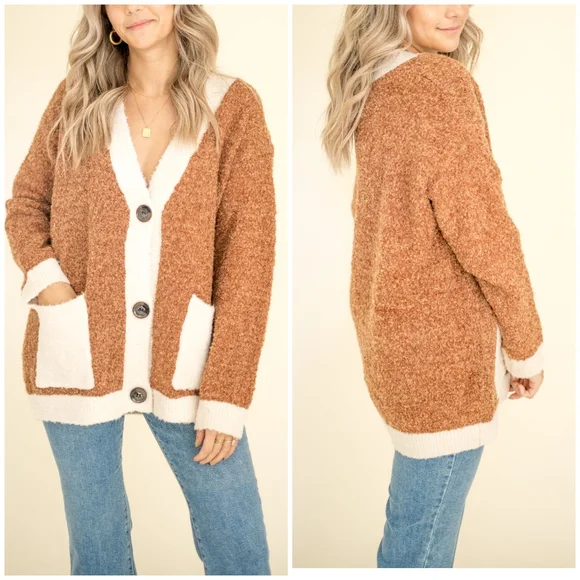 PINCH Chic Fuzzy Thick Camel Cardigan - Picture 1 of 8